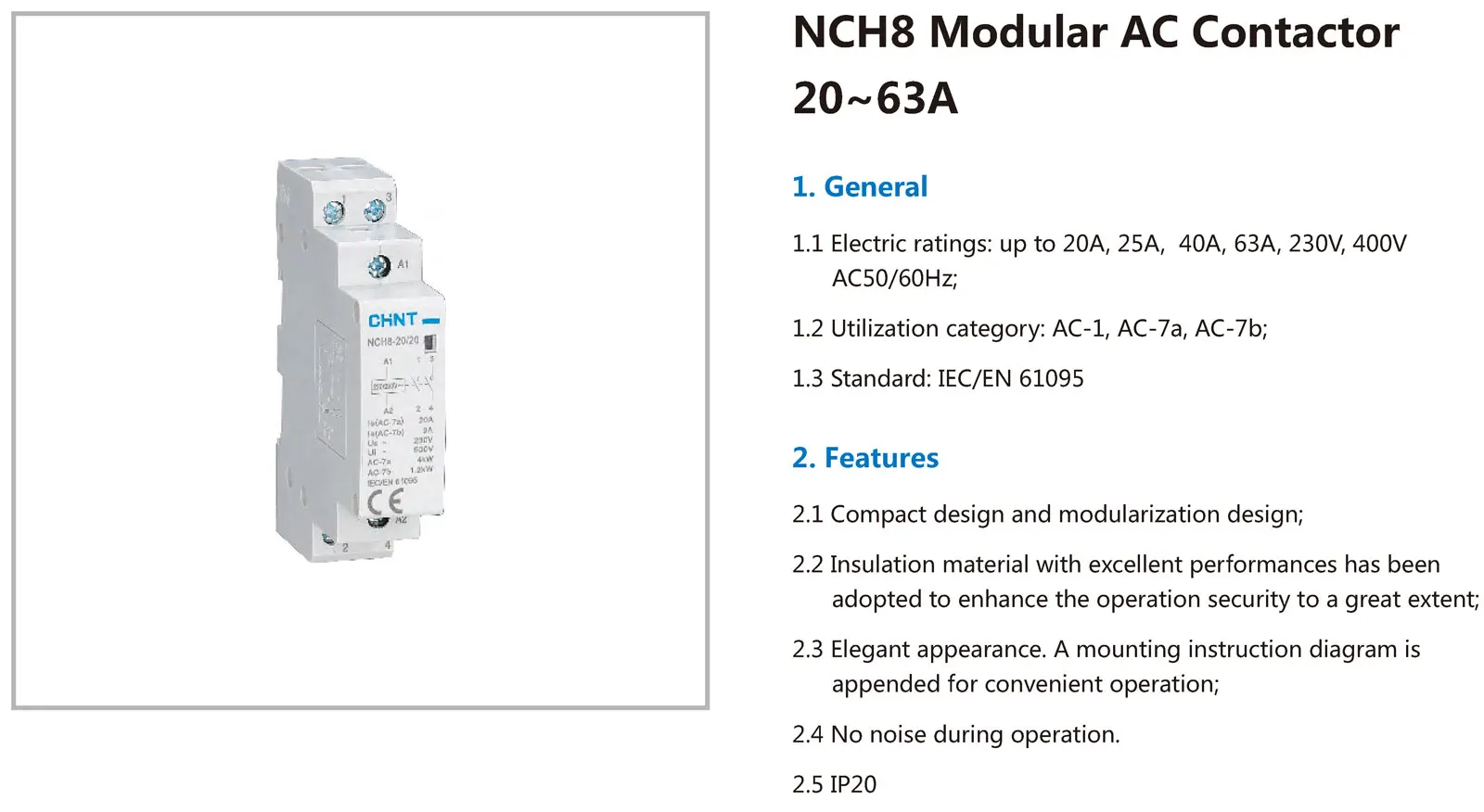 Chint NCH8 20A 25A 40A 63A NCH8-20/20 NCH8-20/11 NCH8-40/20 NCH8-40/40 NCH8-63/40 NCH8-63/22 CHNT Din rail Modular Contactor