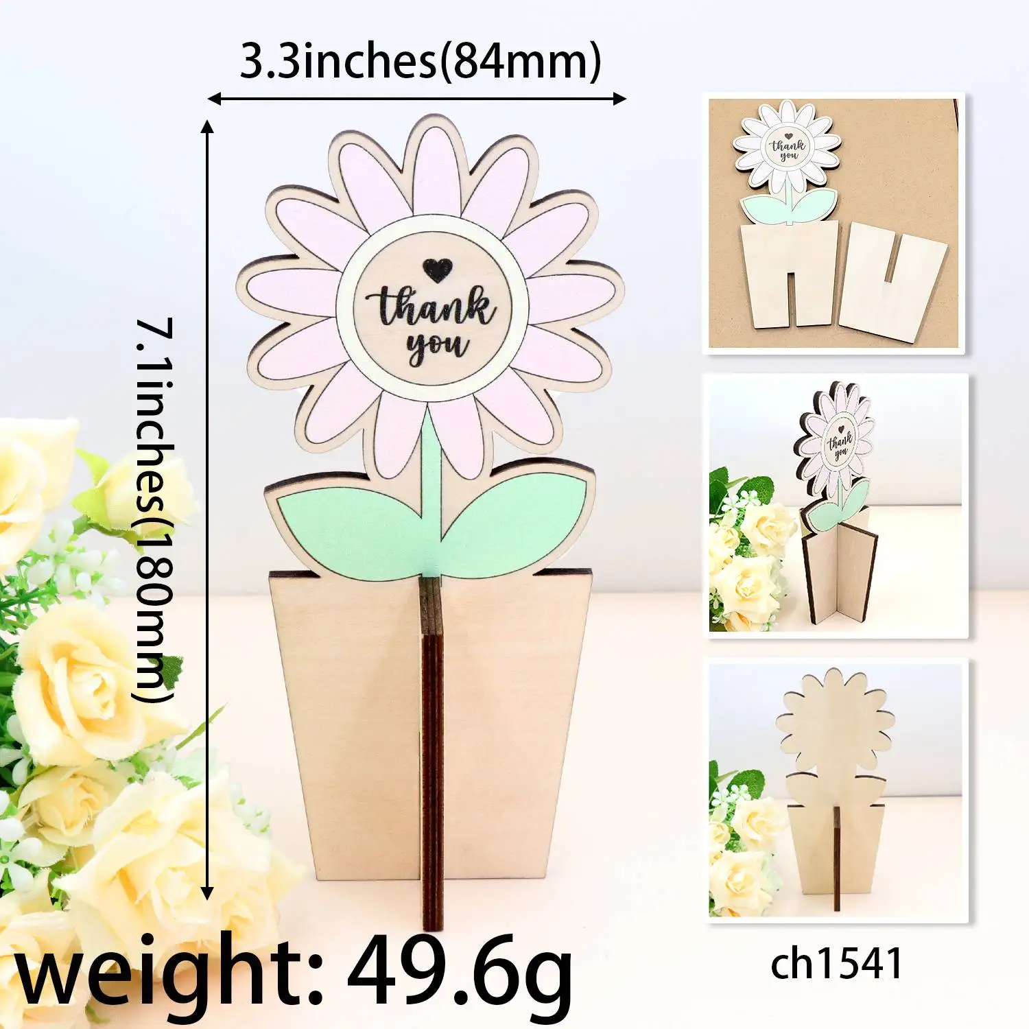 ZSHCH1541 UV Printing Laser Cutting Wood Flowers Teacher's Day Ornaments for Party Use factory