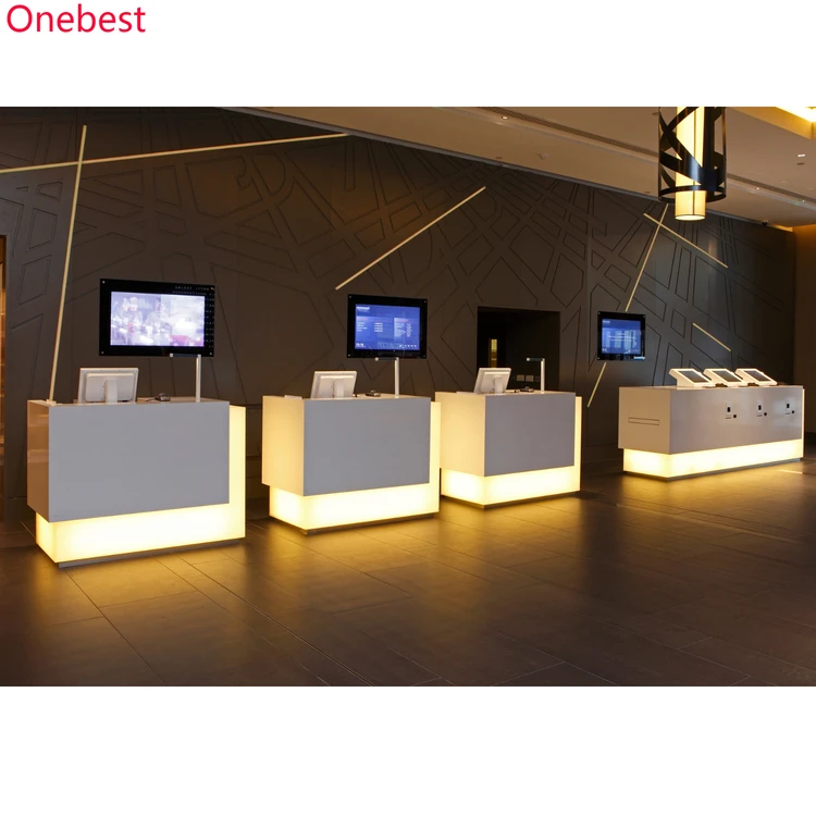 Dark Red Long Reception Desk Pictures Artificial Stone Wave Shape Hotel Lobby Service Counter for Sale