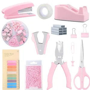 Pink Themed Stationery Set for Students & Office - Stapler, Scissors, Paper Clips, Staple Remover & Staples