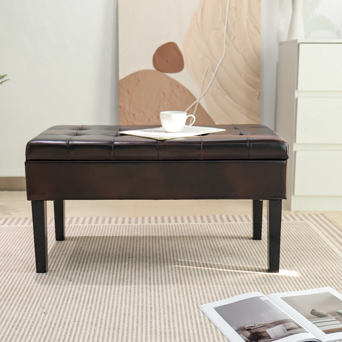 Custom Home PVC Fashion Stool Large Tufted Brown Leather Ottoman Coffee Table Hinge Storage Bench for Living Room