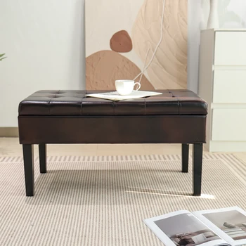 Custom Home PVC Fashion Stool Large Tufted Brown Leather Ottoman Coffee Table Hinge Storage Bench for Living Room