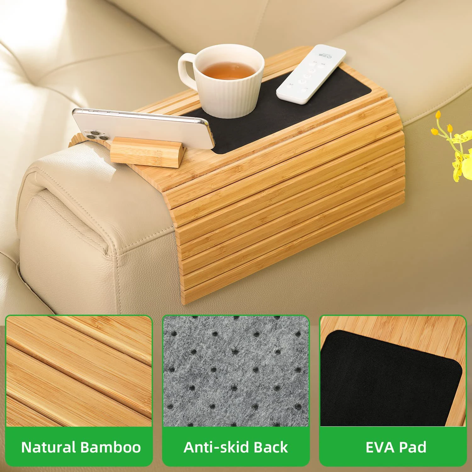 Amazon preshwous bamboo couch arm table sofa arm tray with