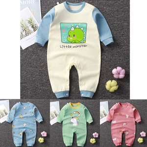 Boutique Baby Clothes Long Sleeves O-neck Cotton Fabric Cartoon Snap Button Casual Baby Jumpsuit
