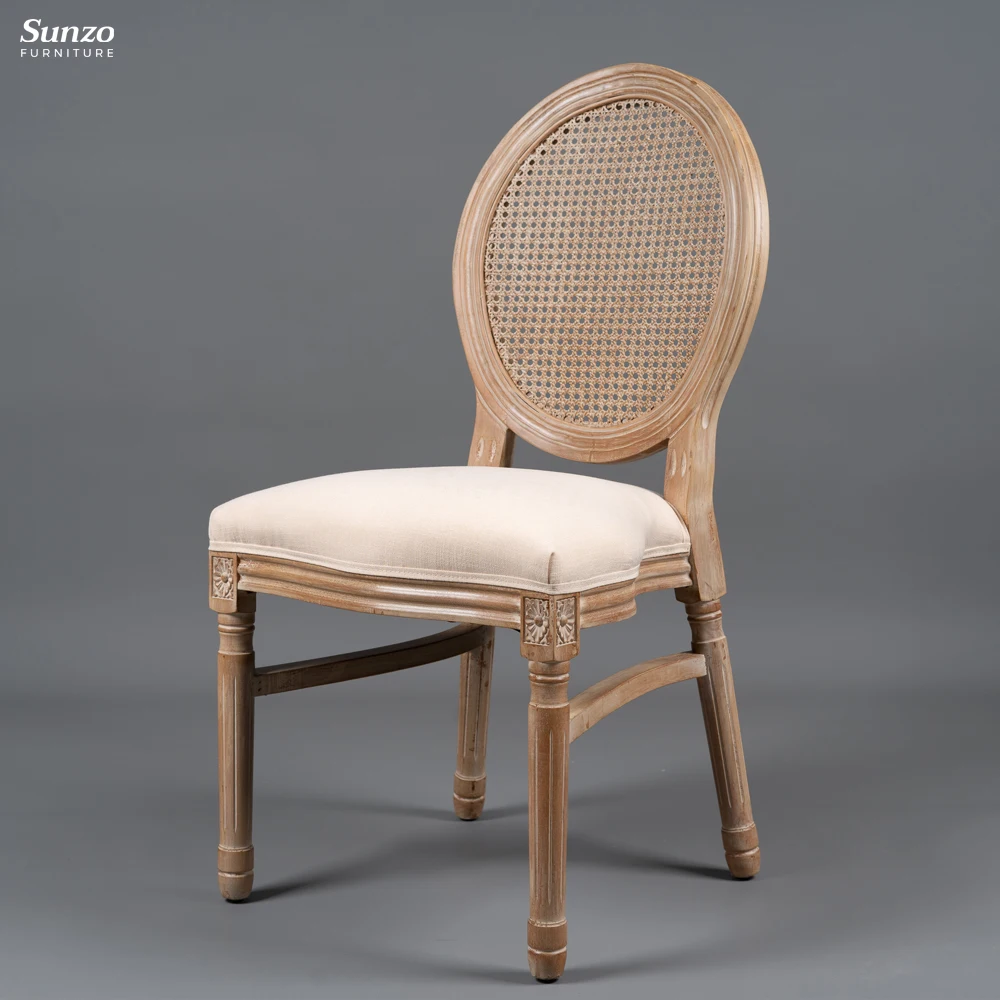 Antique Color Fabric Armrest Rattan Louis Chair Solid Rubber Wood Dining Arm Wedding Event Stacked Chair