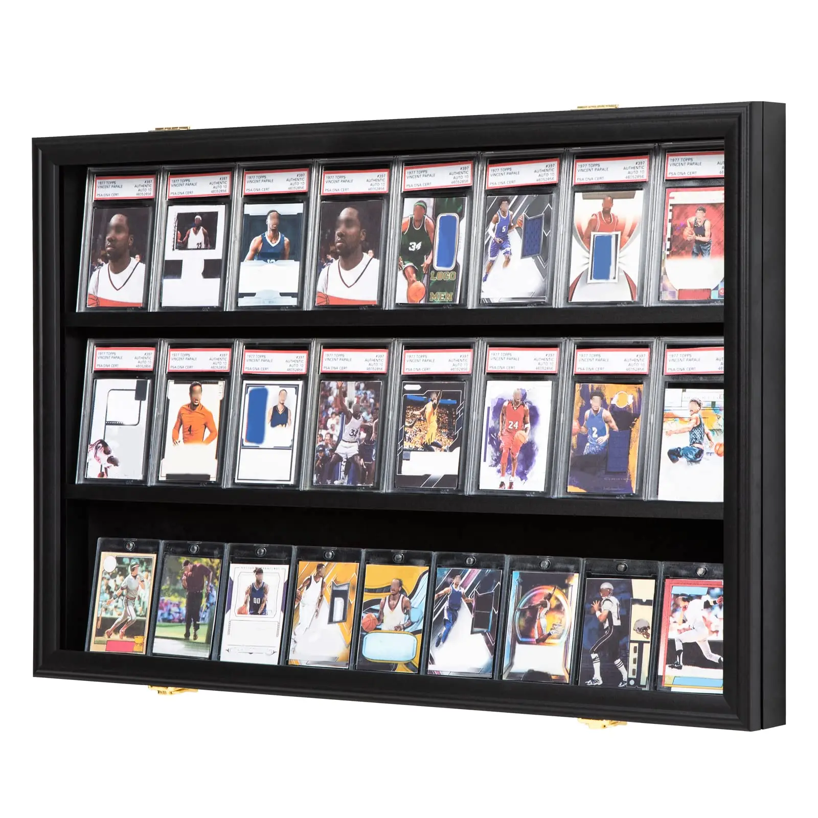 Black 24 Graded Sports Trading Card Display Case - UV Printed Wall Cabinet  for Collectible Trading Cards Display