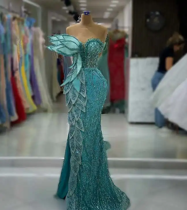 2025 Mint Evening Dress Prom Dress Mermaid Promdress Sheer Neck Beaded Lace  Crystals Rhinestone Leaf Decorated Dress| Alibaba.com