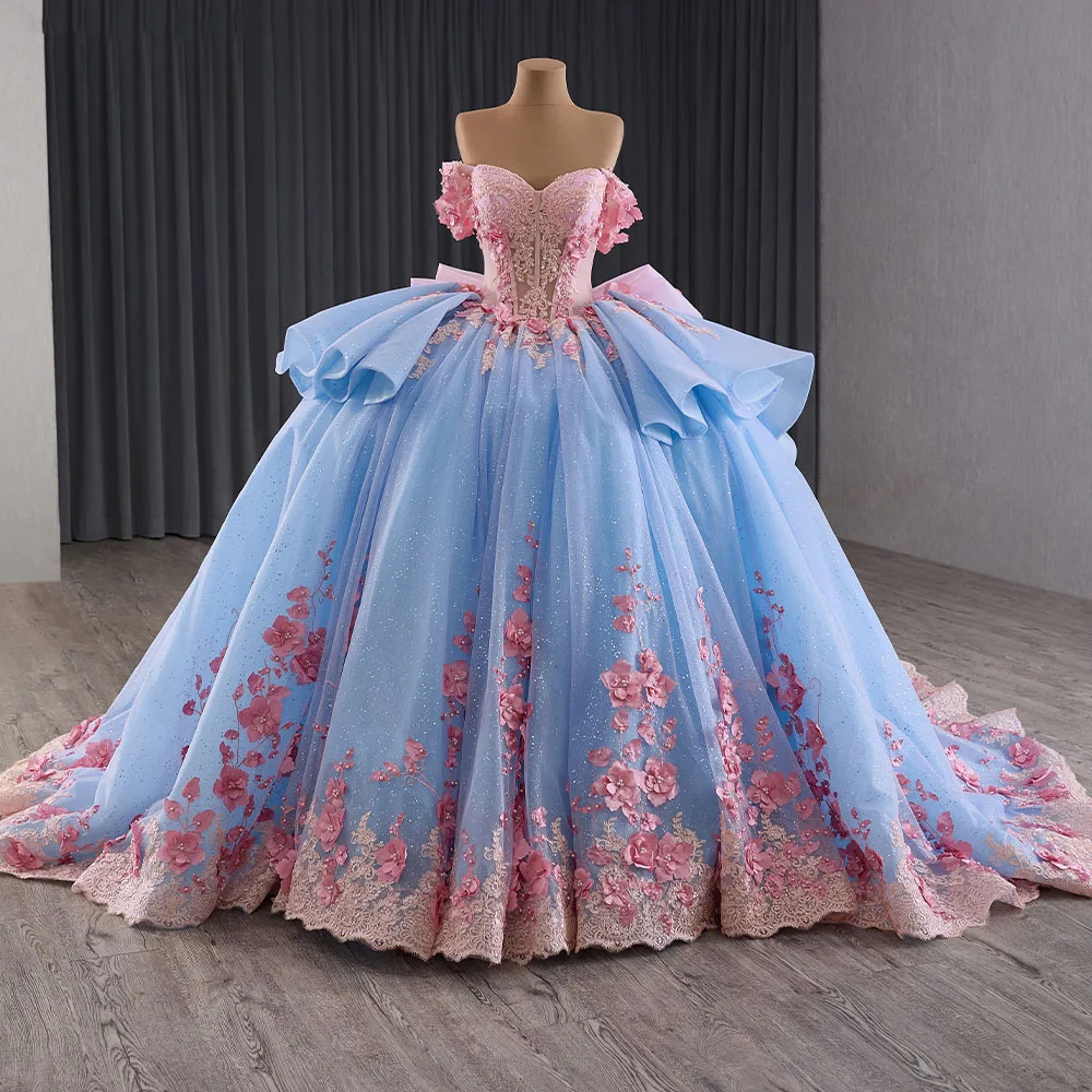 Ball Gown Light Blue Quinceanera Dresses 3D Flowers Sweet 16 Dress  Y6569