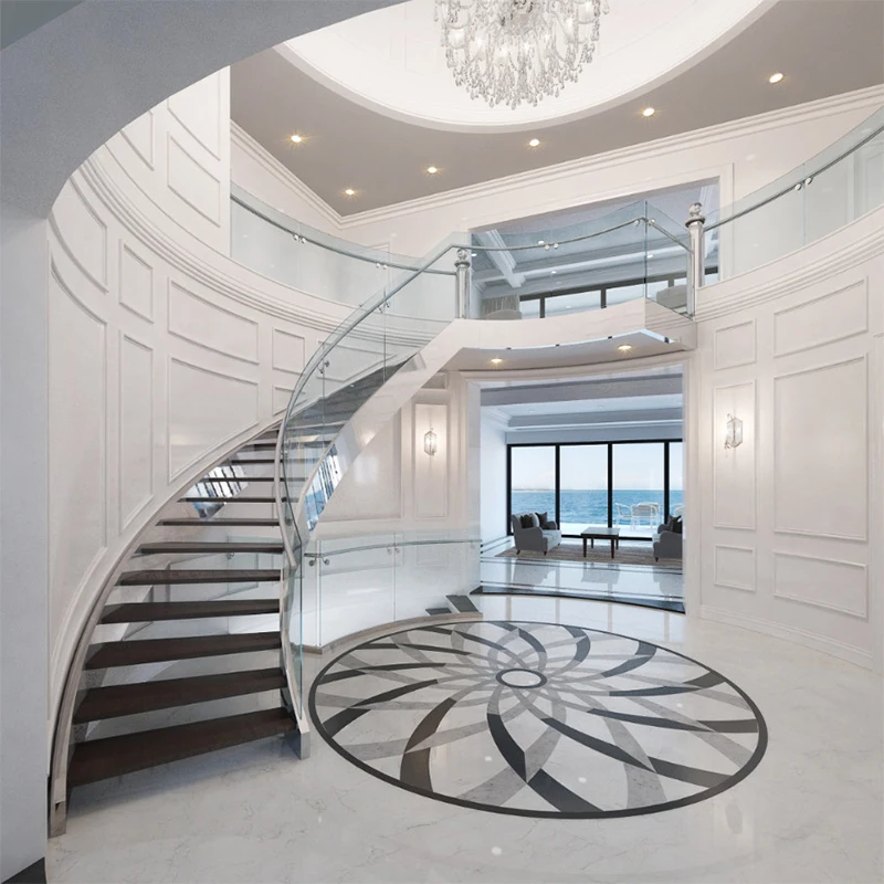 Modern Design Solid Wooden Tread Curved Staircase Powder-Coated Durable for Indoor Hotel Use
