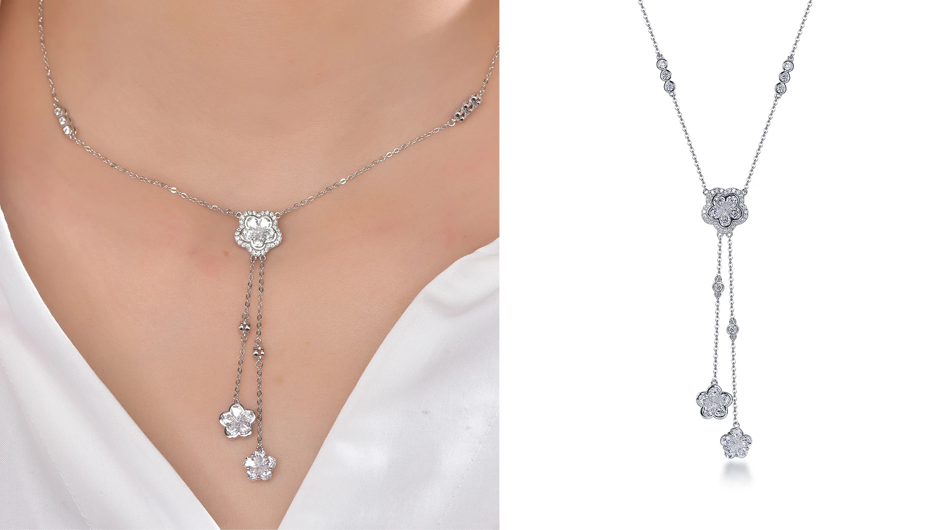 Collana Flower Statement Necklace Silver Tassel Necklace Flower Pendant AAA CZ 925 Silver Chain Necklace