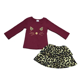 Fall/winter baby girls children clothes kidswear outfits burgundy cat top leopard dress set cotton ruffle boutique