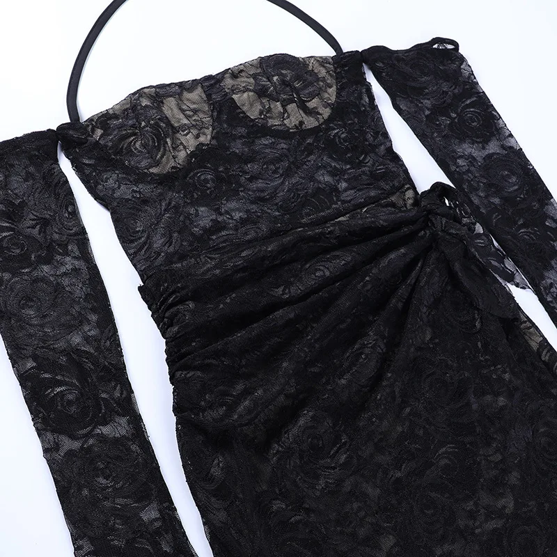 European Style Mesh Design Long Sleeve Black Dress Set 2022 Sexy Girl off Shoulder Tight Waist See Through Lace Dresses