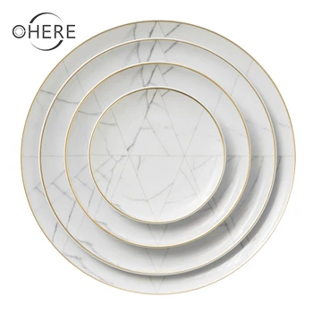 Ohere ceramics unique marble dining table set royal white gold plated dishes sets for hotel and restaurant wedding dish