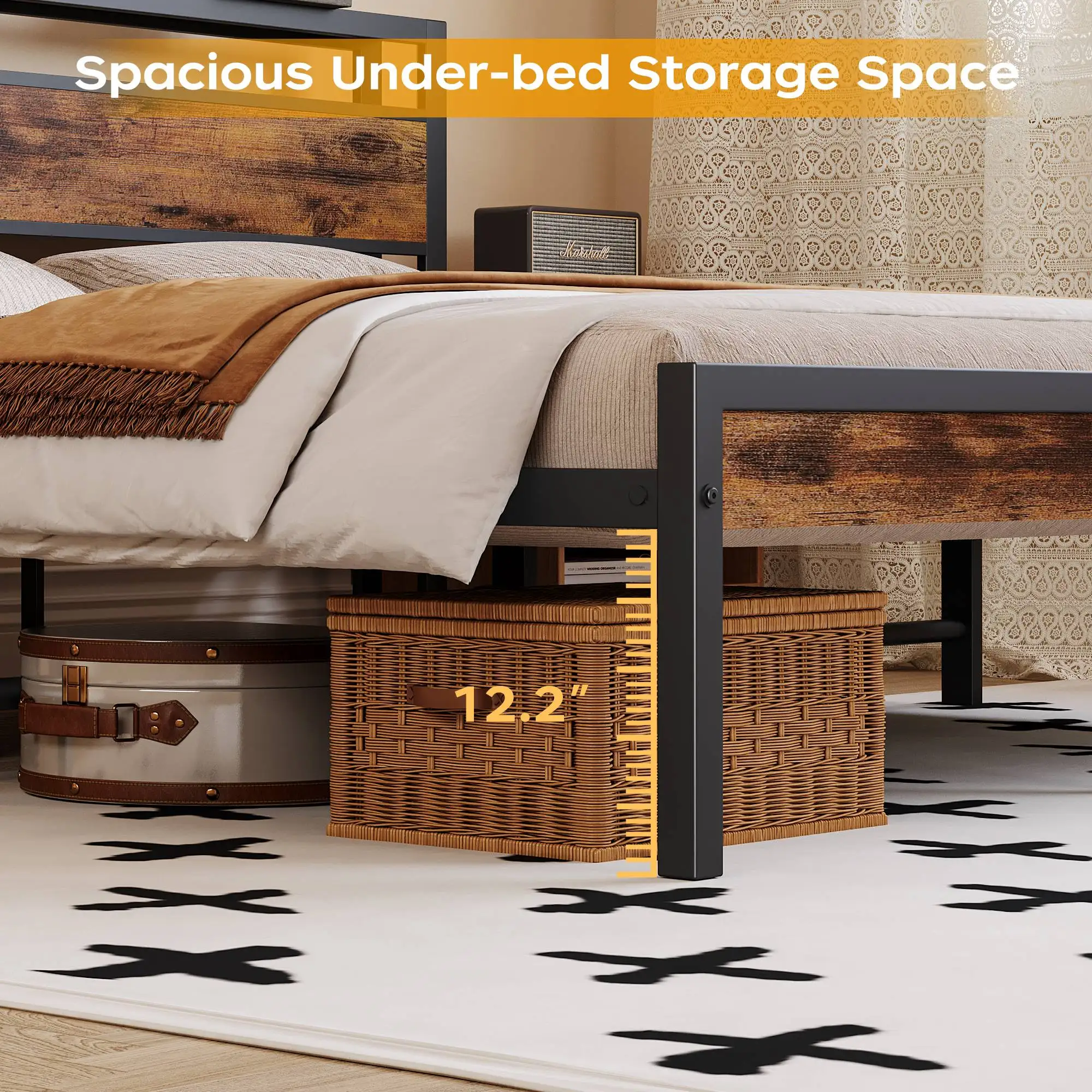 product king size bed frame luxury modern design strong metal platform bed frame with walnut mdf headboard for apartment use-6