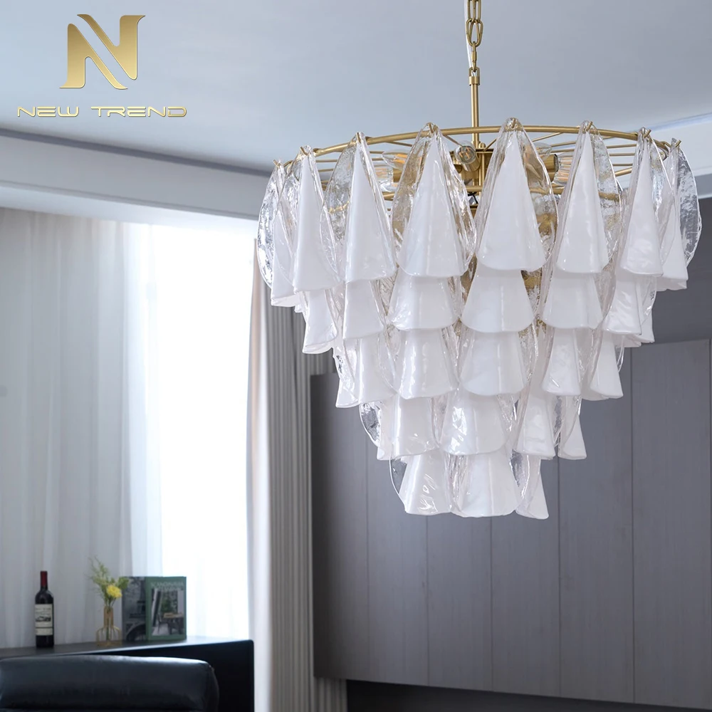 CPL-455 French Vintage Murano Glass Petal Chandelier – Luxury White Floral Pendant Light for Bedroom