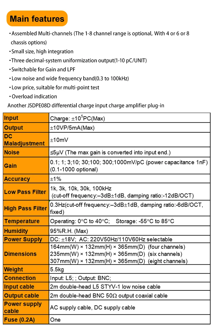 JSDPE08 Multi-Channel Charge Amplifier 100khz Gain Adjustable Acceleration Vibration Force Sensor supplier