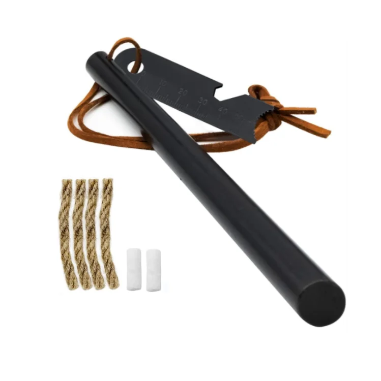 Emergency Fire Starter Survival Tool Ferro Rod Kit with Leather Neck Lanyard and Tinder Rope for Camping Hiking