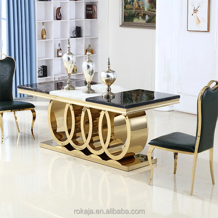 Dining Table Set Gold Stainless Steel Leg Modern Marble Top Dining