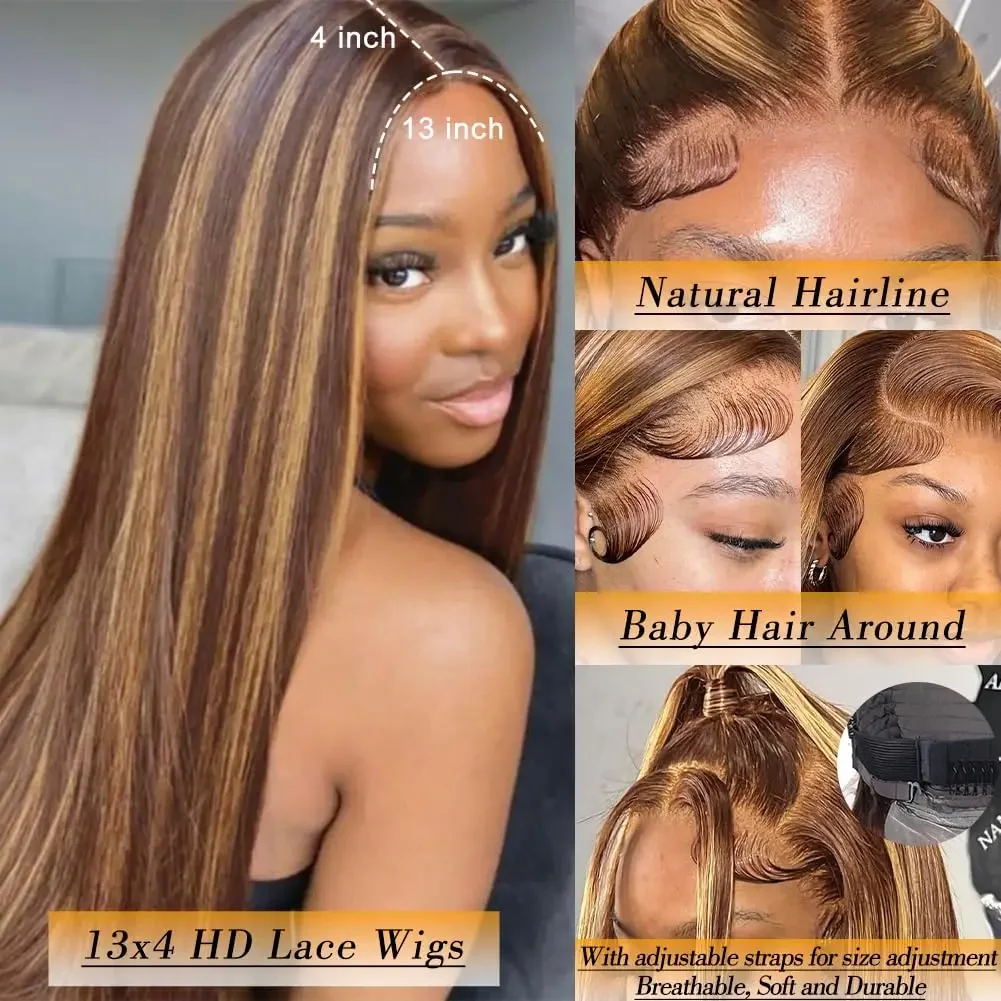 Peruka z koronką z przodu 13x4 Włosy ludzkie Prosta Miodowy Blond Ombre HD Przezroczysta Peruka z koronką z przodu z Baby Hair dla Kobiet_voghion.com