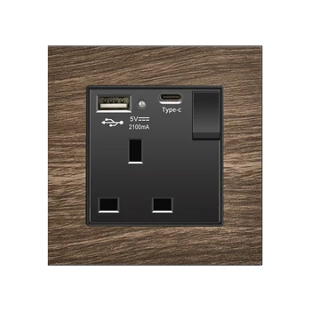 Wood grain panel British standard 1 gang switch and sockets, UK 13A  wall light sockets with usb and Type C fast charging