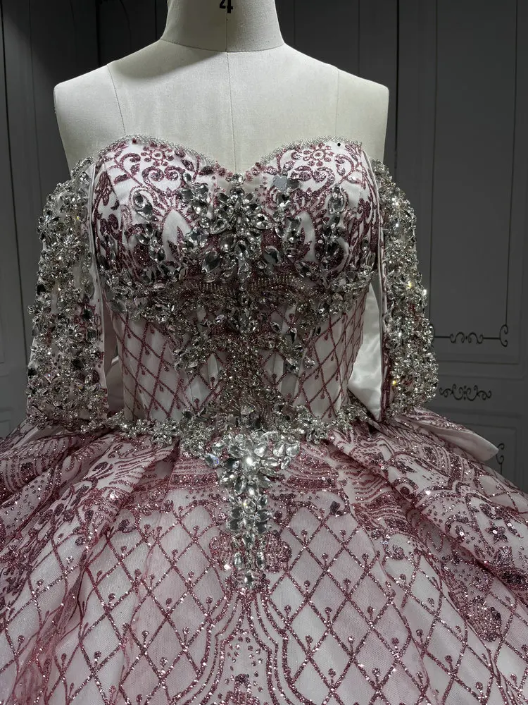 open lace back dress Glittery Tulle Quinceanera Dresses Lace Appliques Beaded Sweet 16 Pink –  Hebebridal main image 0