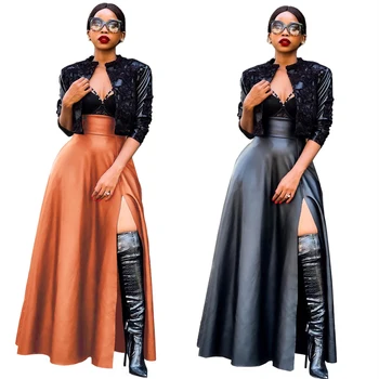 Wholesale Hot Selling Sexy Irregular Brown Black Girls Slit Long PU Faux Leather Skirt For Women