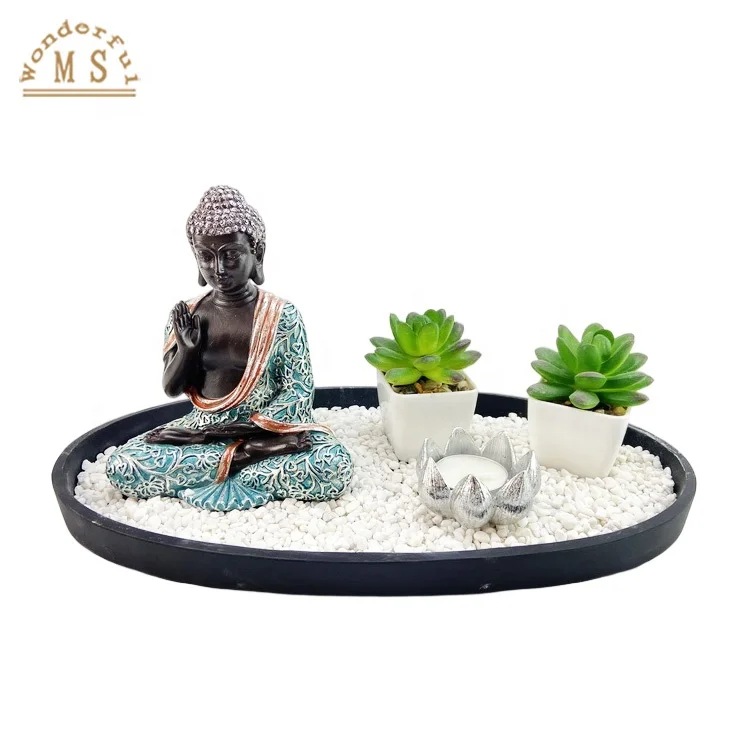 Gold Buddha Sculpture Zen Garden Set with Lotus Tea Candle Holder and Rectangle resin Display Tray for Home and Living Room Dec