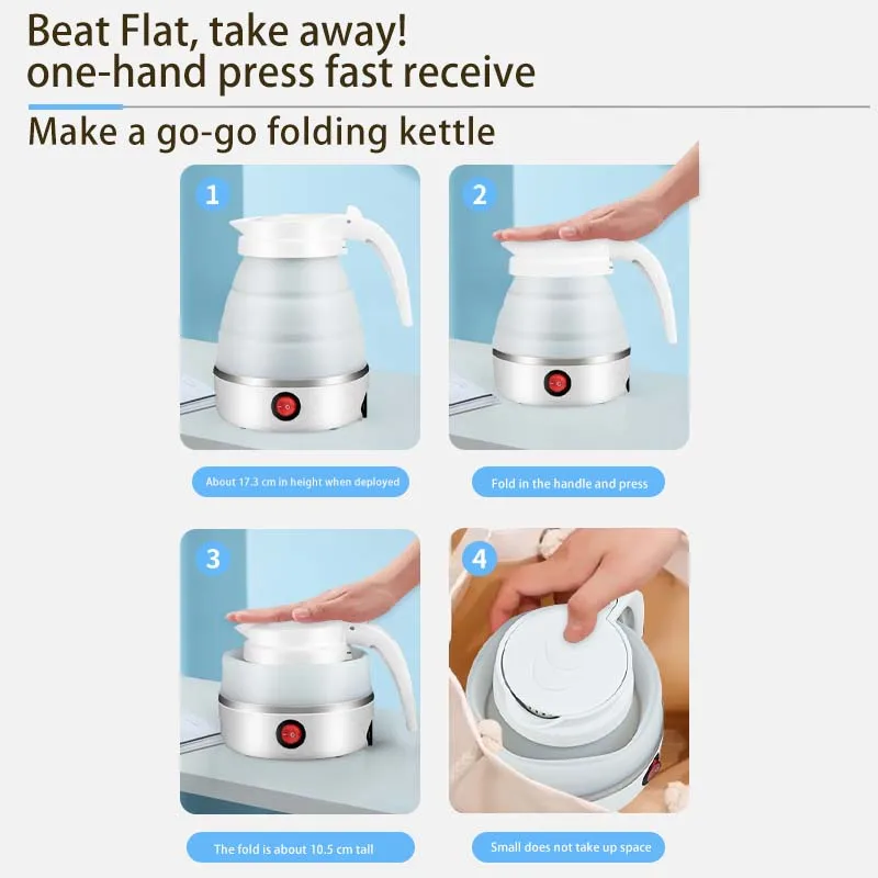 Foldable Portable Electric Water Kettle, Silicone and SUS 304, One-touch Water Boiling, Adjustable Temperature, Various Colors
