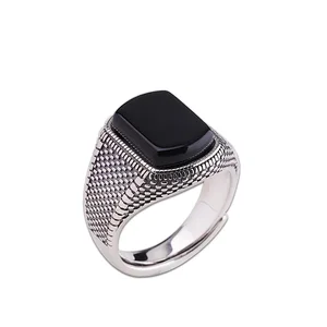 Vintage Turkish Jewelry Black Ring Mens Real 925 Sterling Silver Rings with Natural Agate Stone