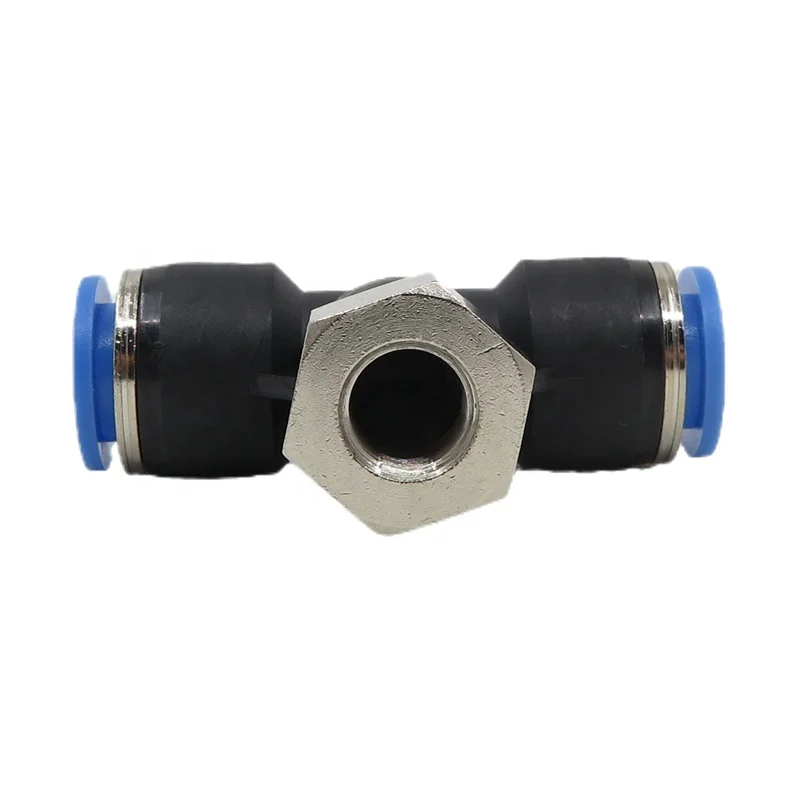 PBF Female Threaded 3 Way Tee Shape Brass Air Water Tube Fitting One Touch Push in Casting Technics Model Number Head