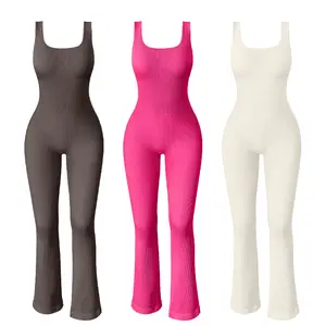 Women's High Quality Breathable Spandex/Nylon Solid Heat-Transfer Printed Sleeveless Ribbed Fitness Yoga Bodysuit Tight Sports