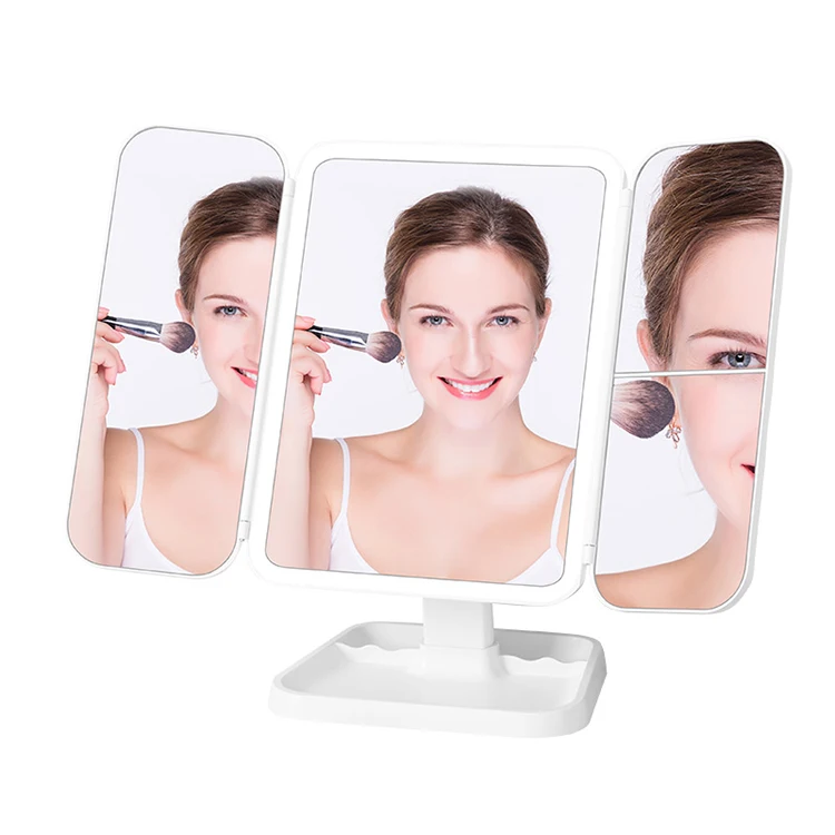 Factory Customized High Quality Tabletop 360 Trifold Cosmetic Standing Mirror 3 Sided Three Way Led Vanity Mirror with Lamp