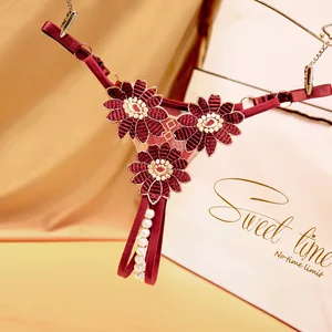 Pearl and Embroidery G-string Thong Lace Intimates Panties Underpants Mesh Yarn Mature Briefs Underwear Sexy Lingerie 0546