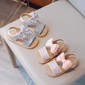 Wholesale New Fashion Glitter Bow-knot Design Soft Sole Bow Sequined Princess Baby Girls Flat Sandals