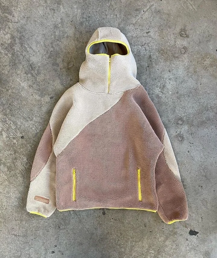 Custom Relaxed Fit Cotton Pullover Thick Blank Patchwork Fluffy Half Zip Fleece Ninja Masked Winter Sherpa Menn Hoodie With Zip
