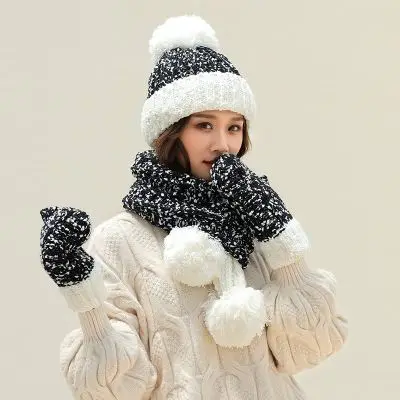Romote 3 en 1 de las mujeres de punto Gorros Conjunto de invierno con caliente suave punto Hat bufanda y guantes Gris