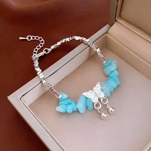 Bohemian Style Blue Stone Beaded Bracelet with Silver Butterfly Bell Charms Handmade Adjustable Women Elegant Jewelry Gift