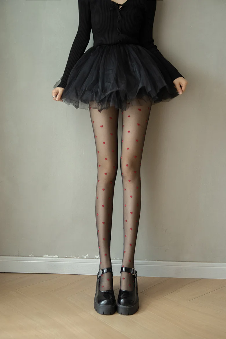 Collants pour femme mode été maille fine forme de coeur rouge