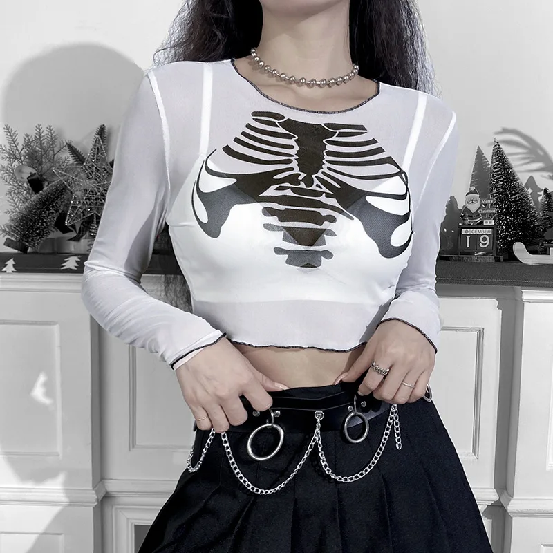 2021 Goth Dark Skeleton Print Mesh Top 