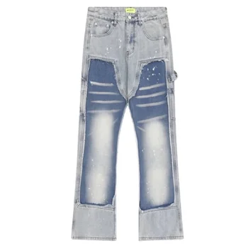 American high street wash splash ink destruction jeans men's fashion brand loose two-color stitching straight pants
