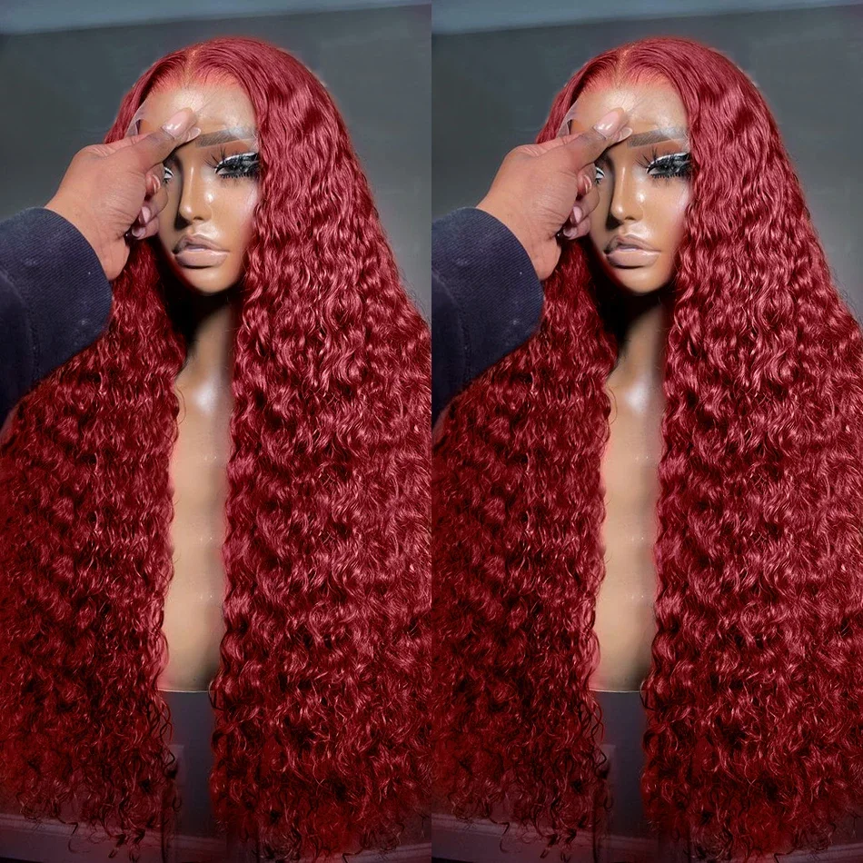 Wasserwelle 99J Burgunderrote Lace-Front-Perücke Transparente tiefe Welle 13x4 Lace-Frontal-Perücke Rot Lockige Farbige Echthaar-Perücken für Frauen_voghion.com