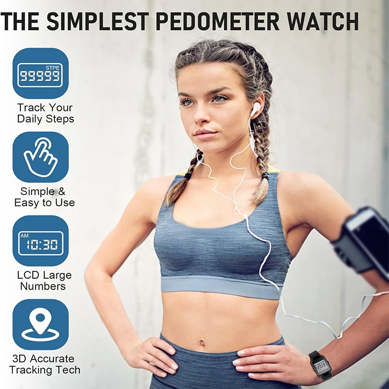 J&R Smart Fitness Walking Steps Tracker Pedometer Watch Square