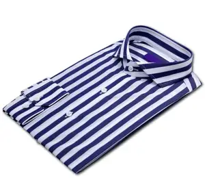 Classic 100% Cotton Men's Business Formal Suit Shirt Blue White Stripe with Turn Down Collar & Anti-Wrinkle Feature Casual Style