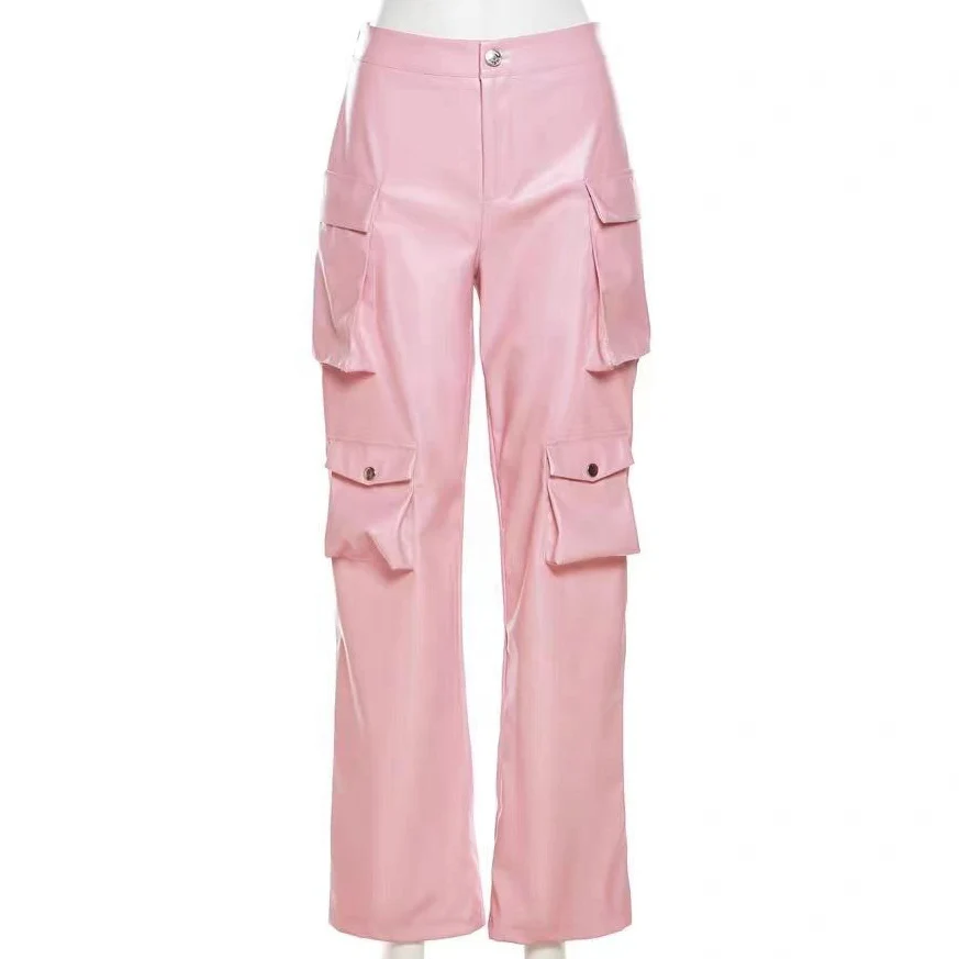 Custom Elastic Waist Pink Spandex Pu Leather Cargo Pants With Big ...