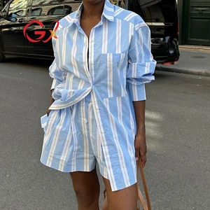 GX7566 Wholesale Fall Elegant Women Boutique Casual Street Wear Long Sleeve Stripped Printed Loose Shirt and Shorts 2 Piece Set