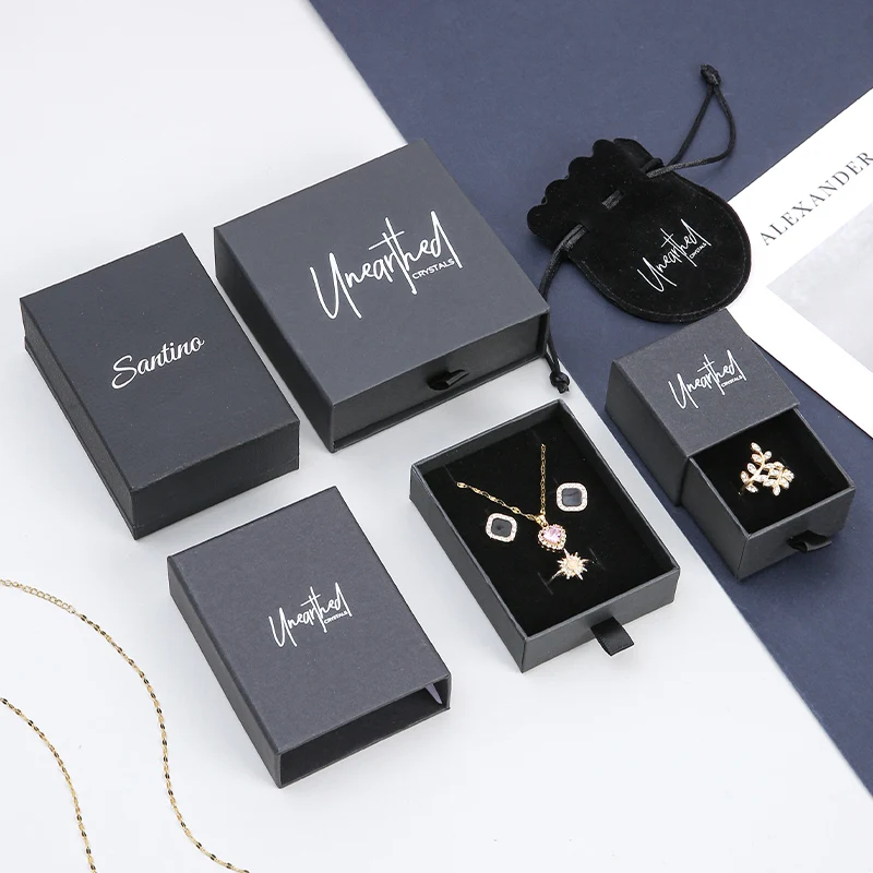 A1 Black Rectangle Customizable Recyclable Cardboard Embossed Popular Jewelry Storage Box Sliding Drawer Rings Pendants Earrings factory