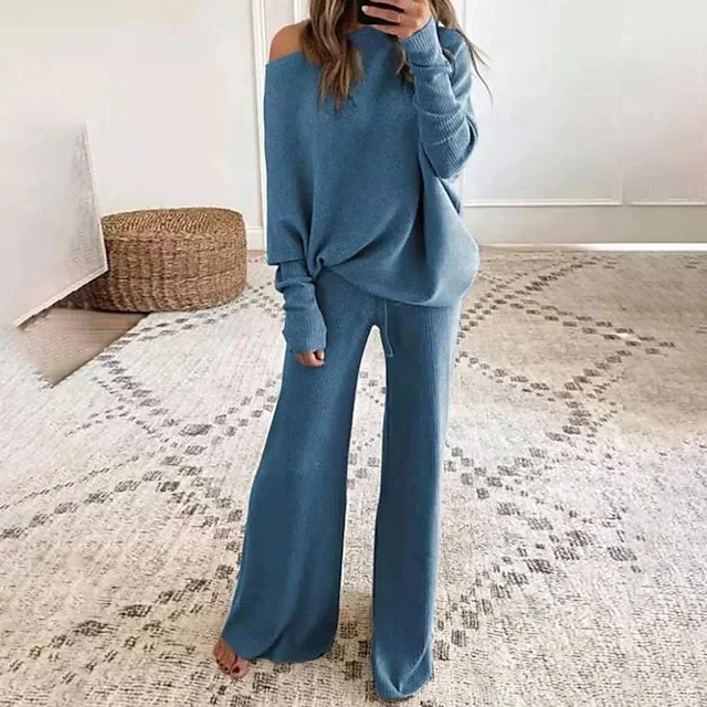 Womens One Shoulder Knitted Loungewear Tracksuit Casual 2 Piece ...