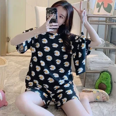 Summer Women's Cartoon Print Pajamas Ladies Pajamas Short Sleeve Shorts Sleepwear Girls Cute Printing Home Wear onesie w