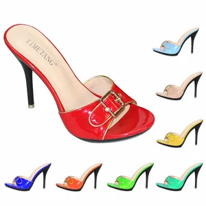 Summer New Style All Kinds of Thin Heel Round Head Open Toe Sexy Outside Wear Retro Belt Buckle One High Heel Cool Slipper