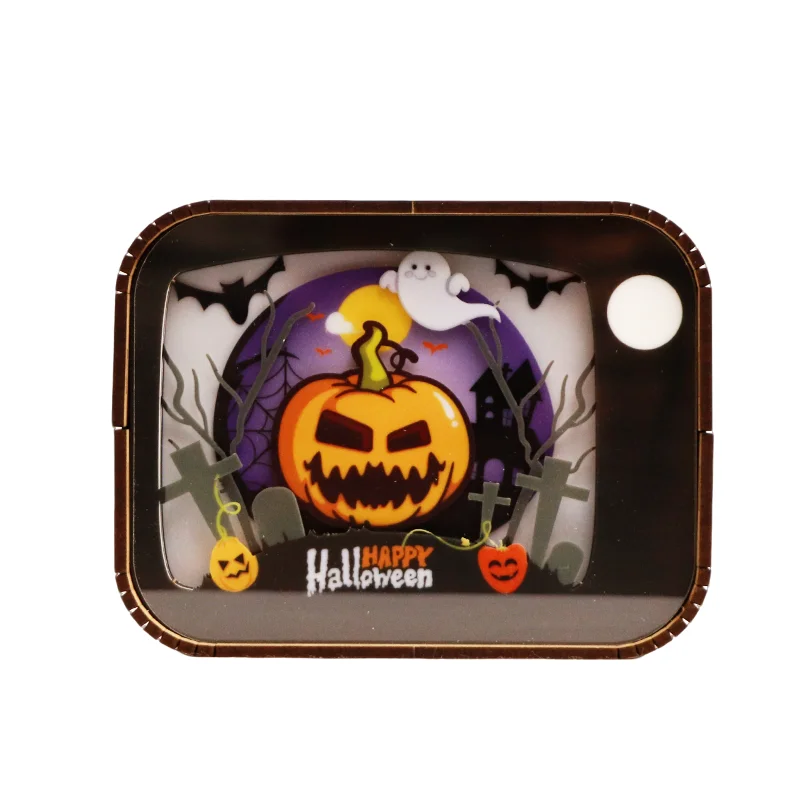 Halloween-Holzschnitzerei mit LED-Nachtlicht, Kürbis-Thema, hölzerne Bastelarbeiten, gruselige Atmosphärenlampe für die Festtagsdekoration, Geschenkidee